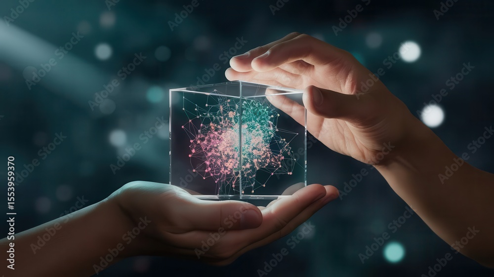 Fototapete hands holding transparent cube containing abstract digital network concept