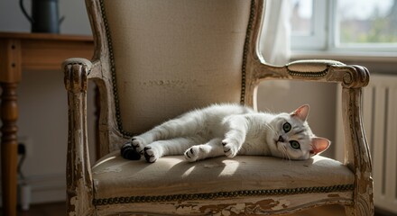 Silver Kitten with Green Eyes Reclining on Distressed Vintage Chair in Sunlit Room Chair with Peeling Paint and Worn Texture Relaxed Pose in a Minimalist Setting