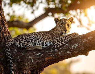 Leopard resting in a tree at sunrise