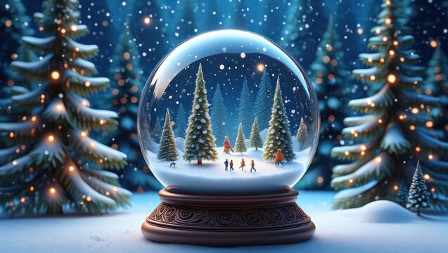 Magical snow globe with festive winter scene and joyful people