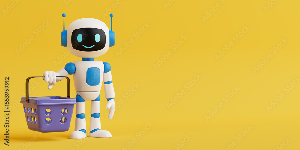 Poster ai and retail technology concept. friendly ai robot holding a purple shopping basket. 3d rendering