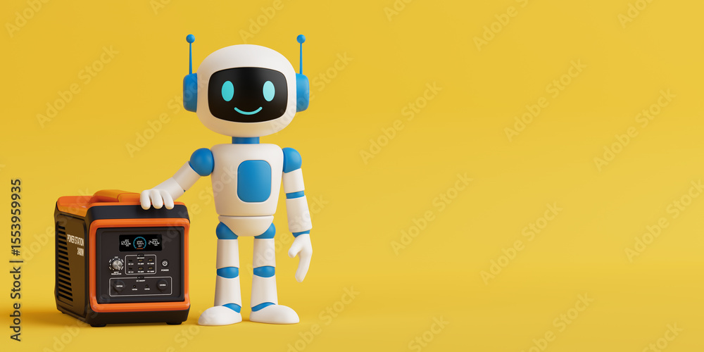 Poster Smart Energy Management Concept. Cute AI Robot Standing Next To Portable Power Station. 3d Rendering