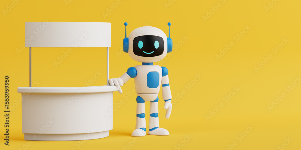 Poster AI Marketing And Promotion Concept. Friendly AI Robot Standing Next To Blank Promotional Booth. 3d Rendering
