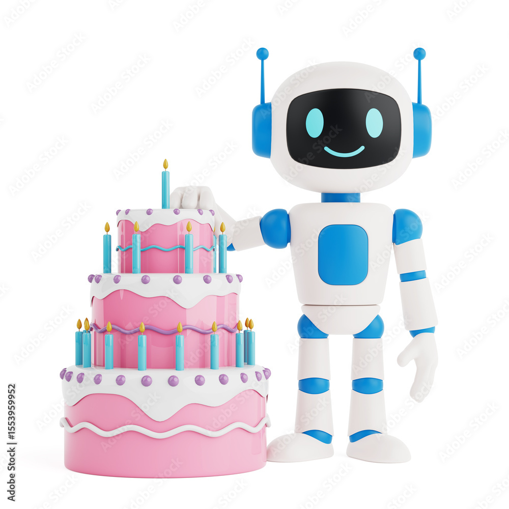 Poster ai celebration and digital festivity. cute ai robot with abstract birthday cake. 3d rendering