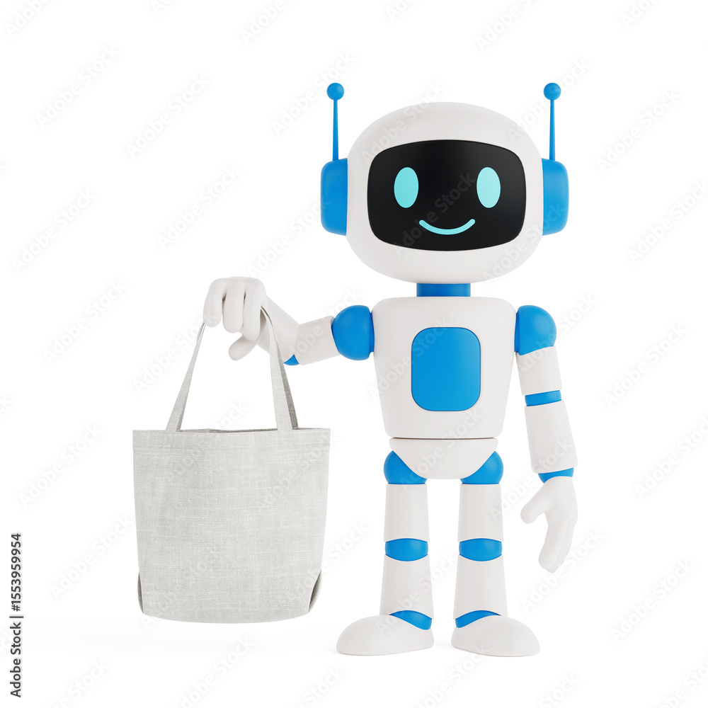 Poster AI And Eco-Friendly Shopping Concept. Smiling AI Robot Holding A Fabric Tote Bag. 3d Rendering