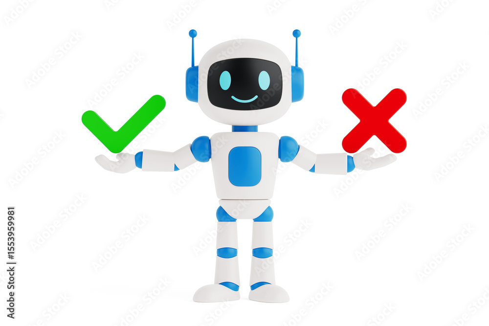 Poster Decision Making Concept. Cute Smiling AI Robot Holding Check Mark And Cross. 3d Rendering