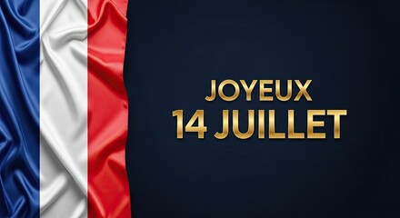 Joyeux 14 Juillet – affiche de félicitations avec le drapeau français sur fond bleu foncé, parfaite pour la Fête nationale en France
