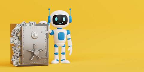 Financial Security Concept. Smiling AI Robot Standing Next To Open Vault Filled With Dollar Bills. 3d Rendering
