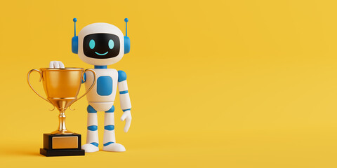 Success And Recognition Concept. Smiling AI Robot Standing Next To Golden Champion Award Trophy. 3d Rendering