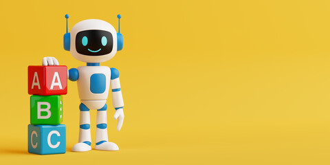 AI Education For Children Concept. Cute AI Robot Standing Next To Colorful Alphabet Blocks. 3d...