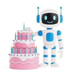 AI Celebration And Digital Festivity. Cute AI Robot With Abstract Birthday Cake. 3d Rendering