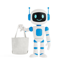 AI And Eco-Friendly Shopping Concept. Smiling AI Robot Holding A Fabric Tote Bag. 3d Rendering