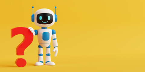 AI Assistance And Decision Support. Cute Humanoid AI Robot Holding Red Question Mark. 3d Rendering