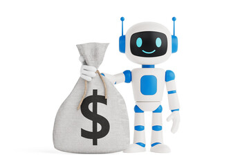 Financial Technology Concept. Smiling AI Robot Holding A Money Bag With Dollar Sign. 3d Rendering
