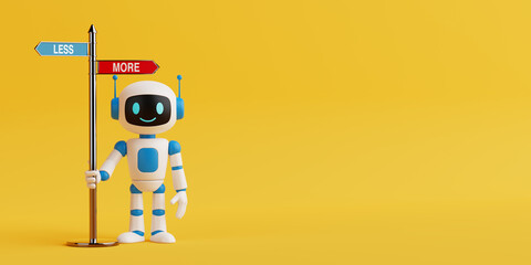 Decision Making Concept. Cheerful AI Robot Holding Direction Signpost With Arrows Labeled More And...