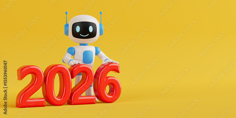 Aufkleber Future Technology and New Year Celebration. Cute Friendly AI Robot Standing Behind Red 2026 New Year Sign. 3d Rendering
