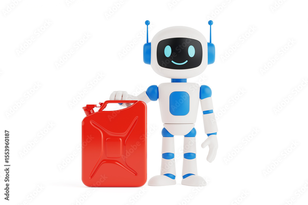 Poster Energy And Fuel Concept. Smiling AI Robot Standing With Red Jerrycan. 3d Rendering