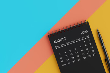Black Flip Monthly August 2025 Business Calendar with Black Pen. 3d Rendering