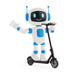 Urban Mobility And AI Integration Concept. Cheerful Ai Robot Riding Electric Scooter. 3d Rendering