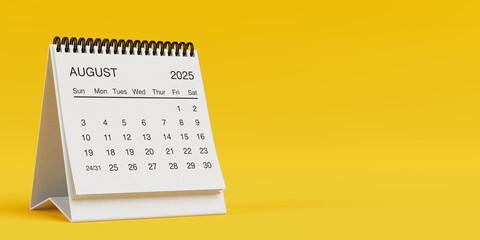 White Desk Monthly August 2025 Business Calendar. 3d Rendering