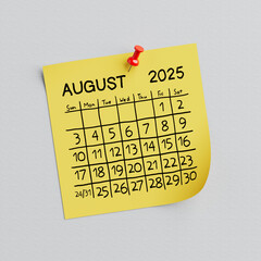 Yellow Note Paper with August of 2025 Year May Handwritten Calendar and Thumbtack Pin. 3d Rendering