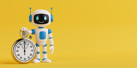 Time Management And Productivity Concept. Smiling Ai Robot Holding Stopwatch. 3d Rendering