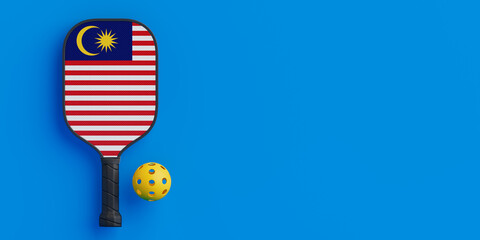 Malaysian Sports Spirit Concept. Pickleball Paddle With Malaysia Flag And Ball. 3d Rendering