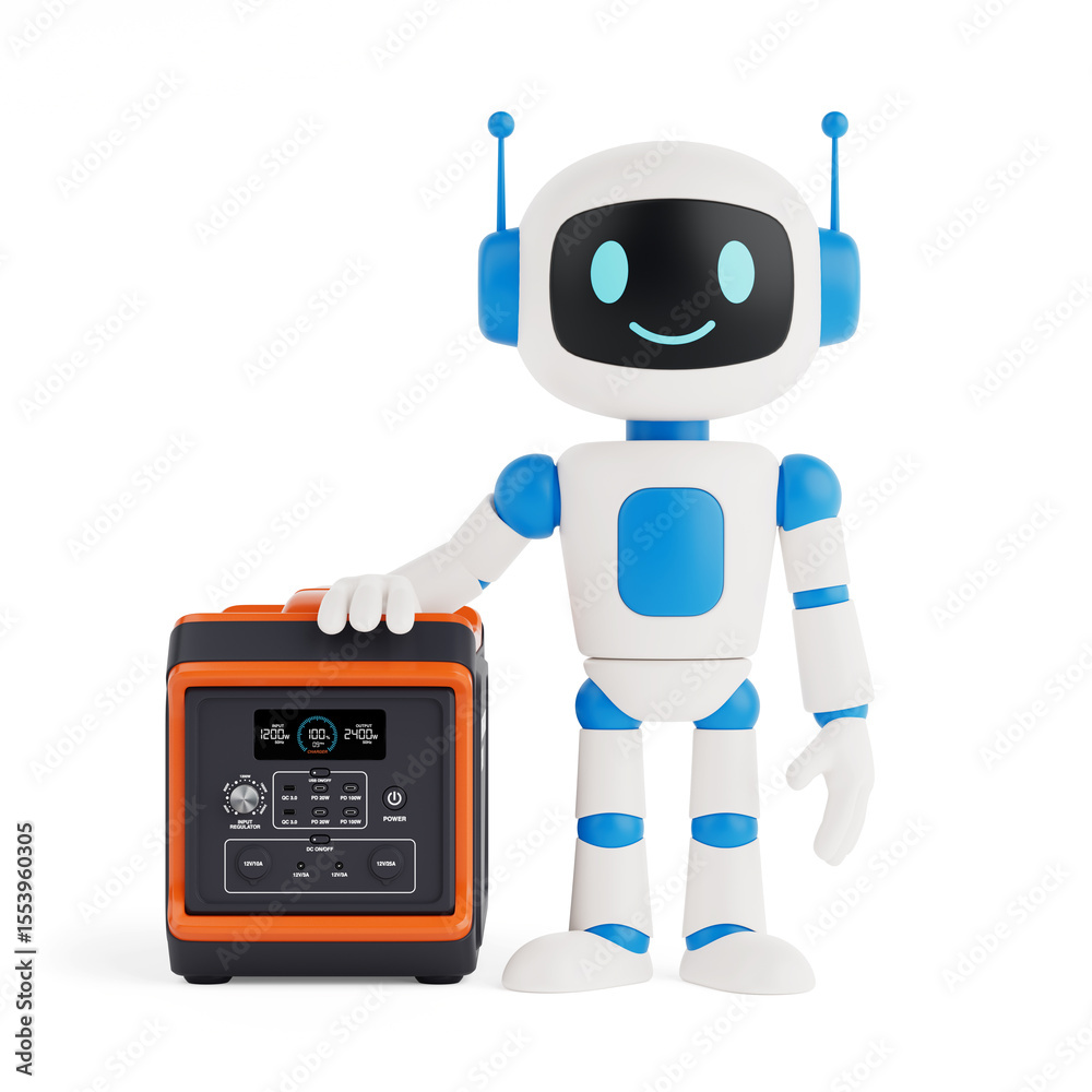 Poster Smart Energy Management Concept. Cute AI Robot Standing Next To Portable Power Station. 3d Rendering