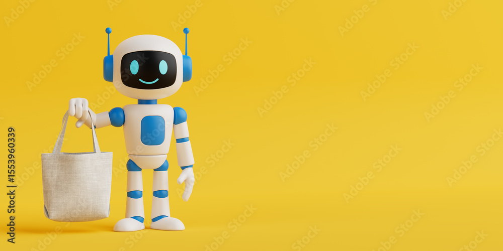 Poster AI And Eco-Friendly Shopping Concept. Smiling AI Robot Holding A Fabric Tote Bag. 3d Rendering
