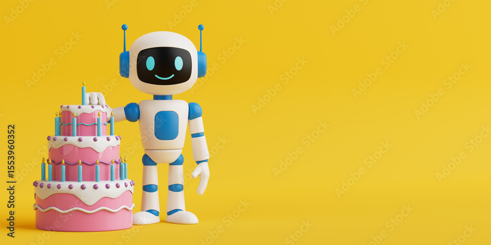 Poster ai celebration and digital festivity. cute ai robot with abstract birthday cake. 3d rendering