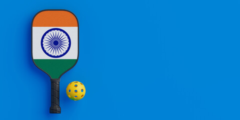 Indian Sports Spirit Concept. Pickleball Paddle With India Flag And Ball. 3d Rendering
