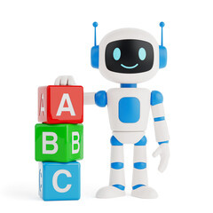 AI Education For Children Concept. Cute AI Robot Standing Next To Colorful Alphabet Blocks. 3d...