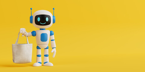 AI And Eco-Friendly Shopping Concept. Smiling AI Robot Holding A Fabric Tote Bag. 3d Rendering