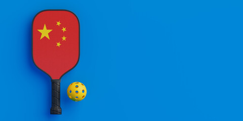 Chinese Sports Spirit Concept. Pickleball Paddle With China Flag And Ball. 3d Rendering
