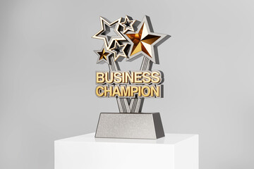 Business Success Concept. Golden Champion Trophy With Star Accents And Business Champion Text On...