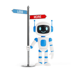 Decision Making Concept. Cheerful AI Robot Holding Direction Signpost With Arrows Labeled More And...
