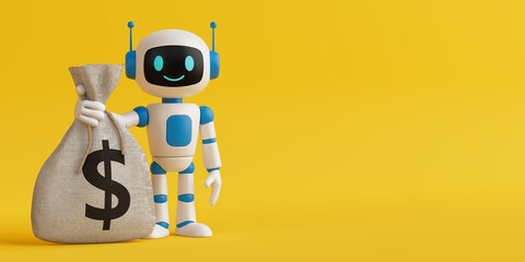 Financial Technology Concept. Smiling AI Robot Holding A Money Bag With Dollar Sign. 3d Rendering