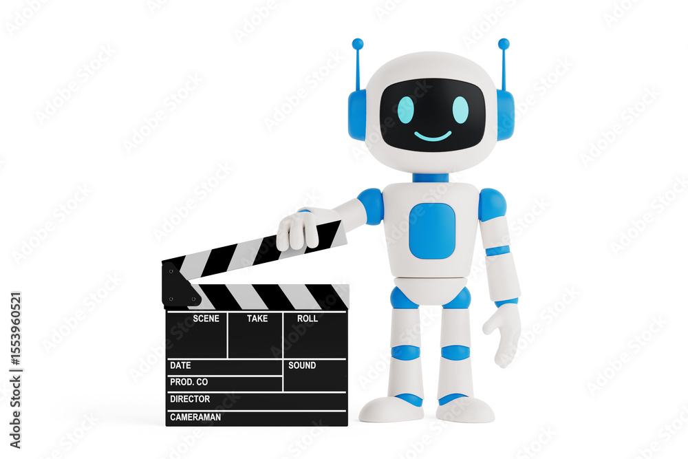 Poster Cybersecurity Protection Concept. Smiling AI Robot Holding Red Shield Symbolizing Digital Safety. 3d Rendering