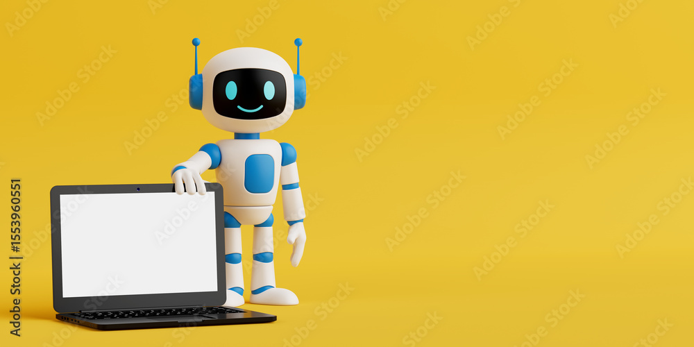 Poster Digital Communication And AI Technology. Smiling AI Robot Holding Laptop With Blank Screen. 3d Rendering
