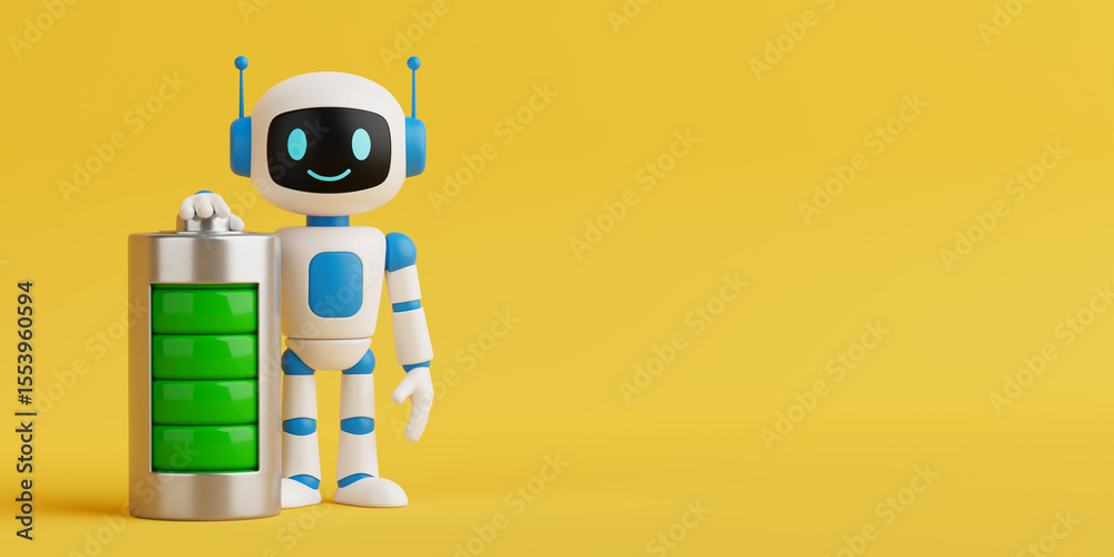 Aufkleber energy optimization and power supply concept. cute ai robot standing next to fully charged battery. 