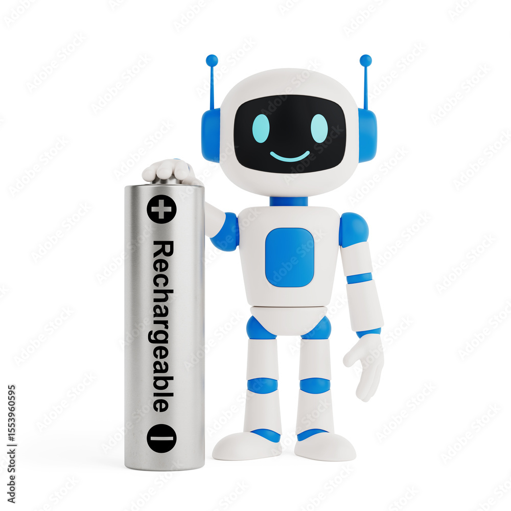 Poster Energy Efficiency And Sustainable Power Concept. Cute AI Robot Standing With Large Rechargeable Battery. 3d Rendering