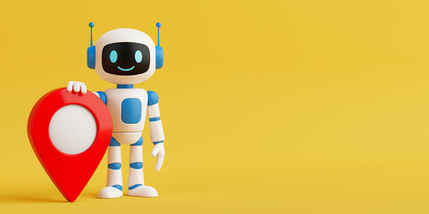 Location Technology Concept. Cute AI Robot Holding Red Map Pin. 3d Rendering