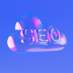 Search Optimization Concept In Digital Cloud. Glossy Glass SEO Letters On Transparent Cloud Shape...