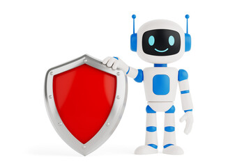 Cybersecurity Protection Concept. Smiling AI Robot Holding Red Shield Symbolizing Digital Safety....