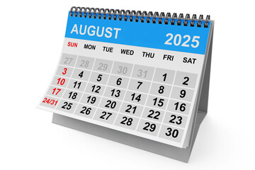 2025 Year August Calendar. 3d Rendering
