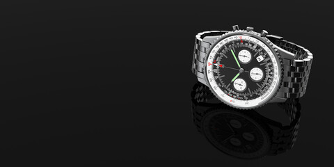 Luxury Timekeeping Concept. Classic Silver Chronograph Watch With Black Dial And Steel Bracelet. 3d...