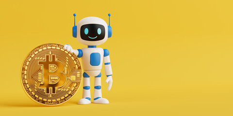 Cryptocurrency Innovation Concept. Cute White And Blue Ai Robot Holding Giant Golden Bitcoin...