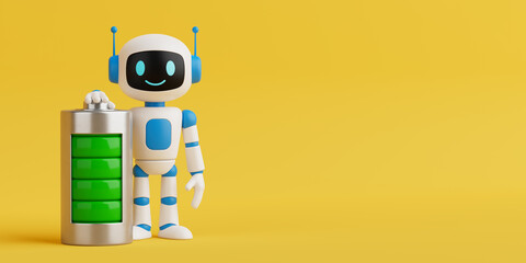 Energy Optimization And Power Supply Concept. Cute AI Robot Standing Next To Fully Charged Battery....