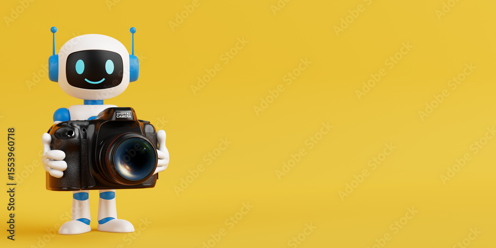 Poster creativity and technology concept. cute friendly ai robot mascot holding digital camera. 3d renderin