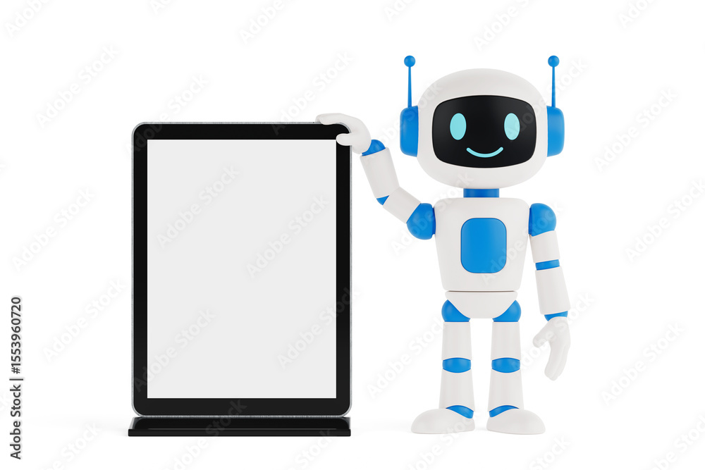 Poster Technology And Communication Concept. Cute Friendly AI Robot Mascot Standing With Blank Digital LCD Display. 3d Rendering